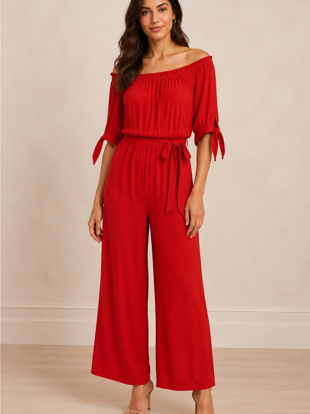 Ralph Lauren Off-Shoulder Red Tie-Waist Wide-Leg Jumpsuit M